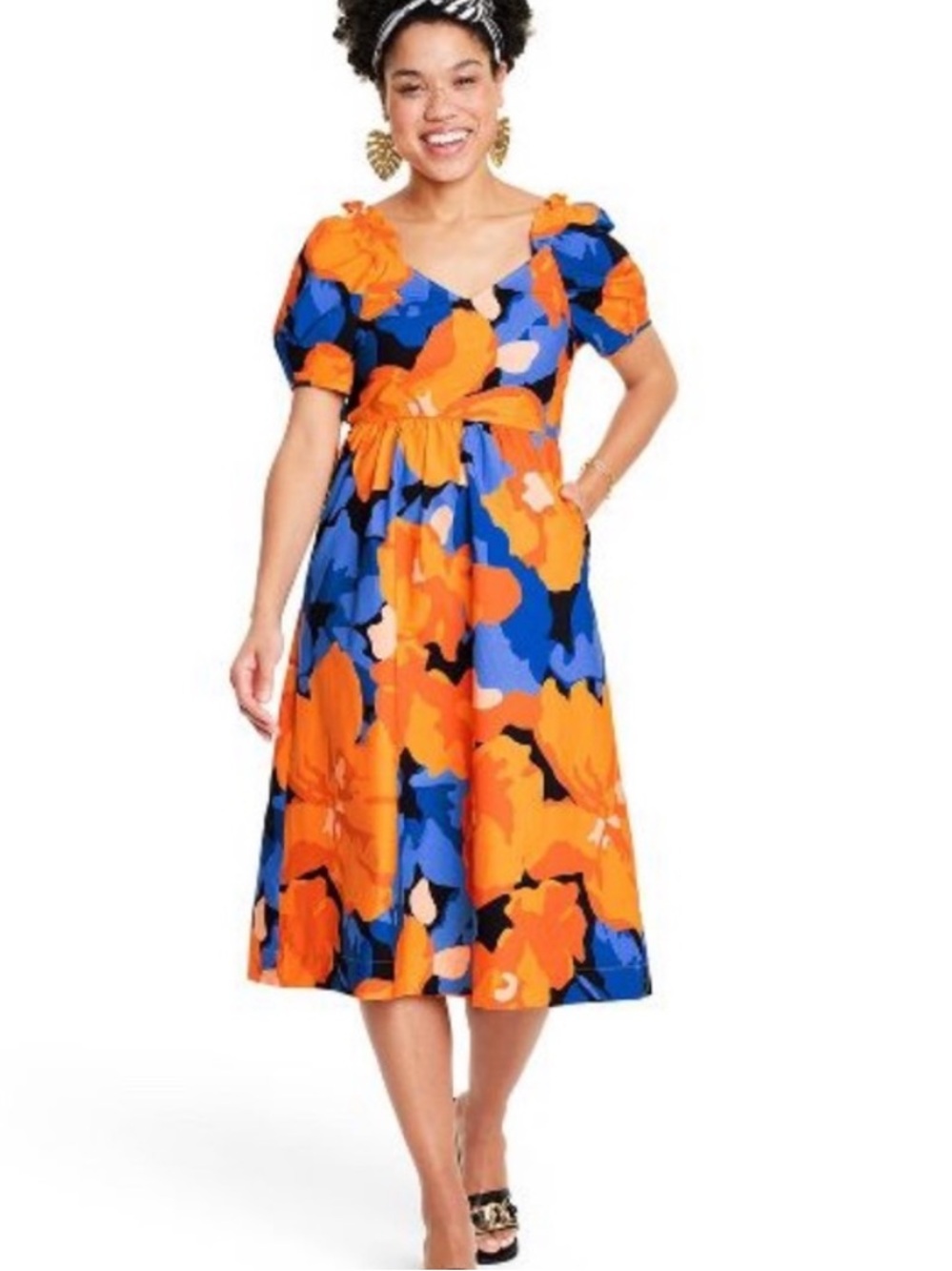 Tabitha Brown for Target Blue Orange Cotton Floral Print Midi Dress Size 12